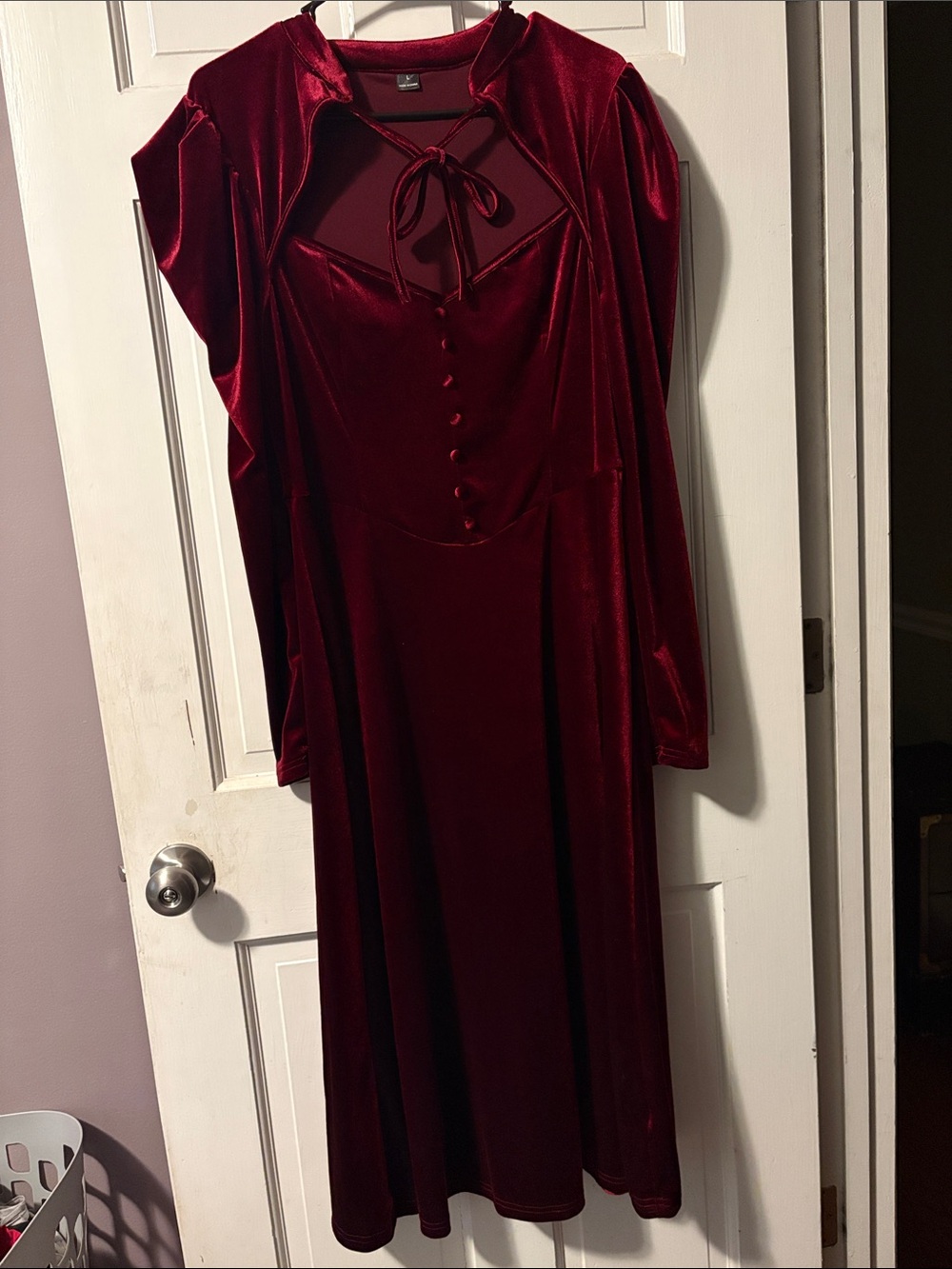 Red Velvet Long Sleeve Midi Dress with Button Front